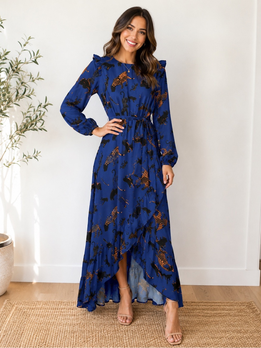 Ivana Blue Printed Long Sleeve Maxi Dress with Tie Waist size s